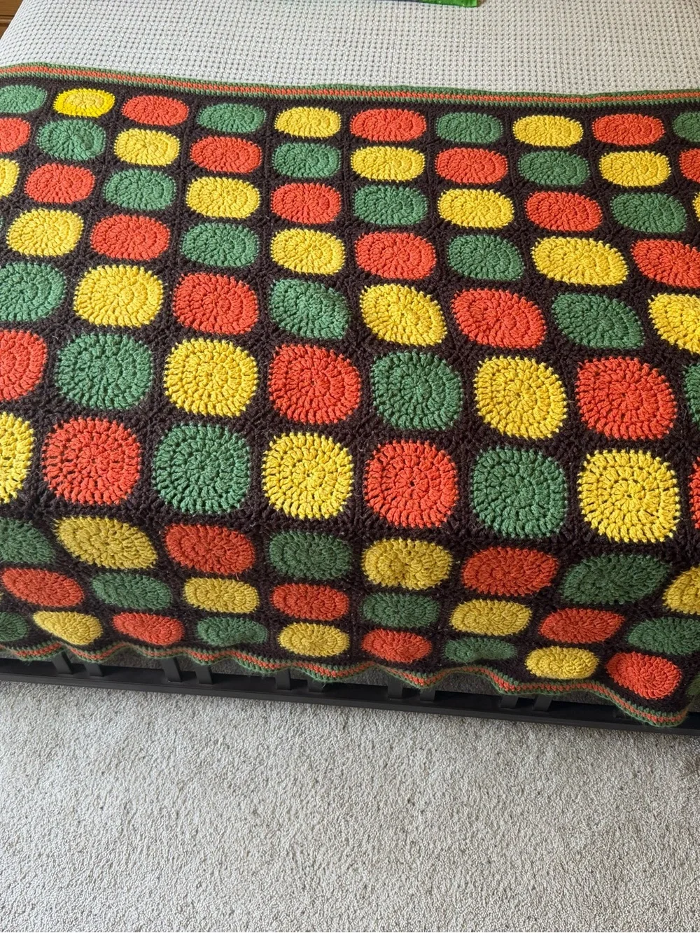 Handmade Crochet Throw Blanket in Green, Yellow & Orange by